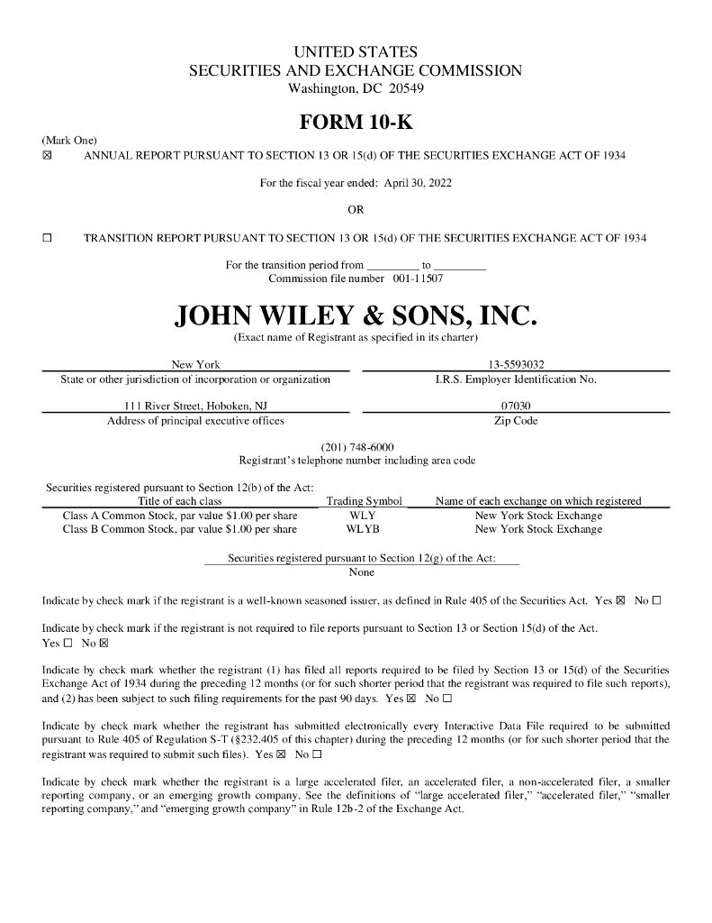 John Wiley&Sons Inc.（JW-A）2022财年年度报告（英文版）