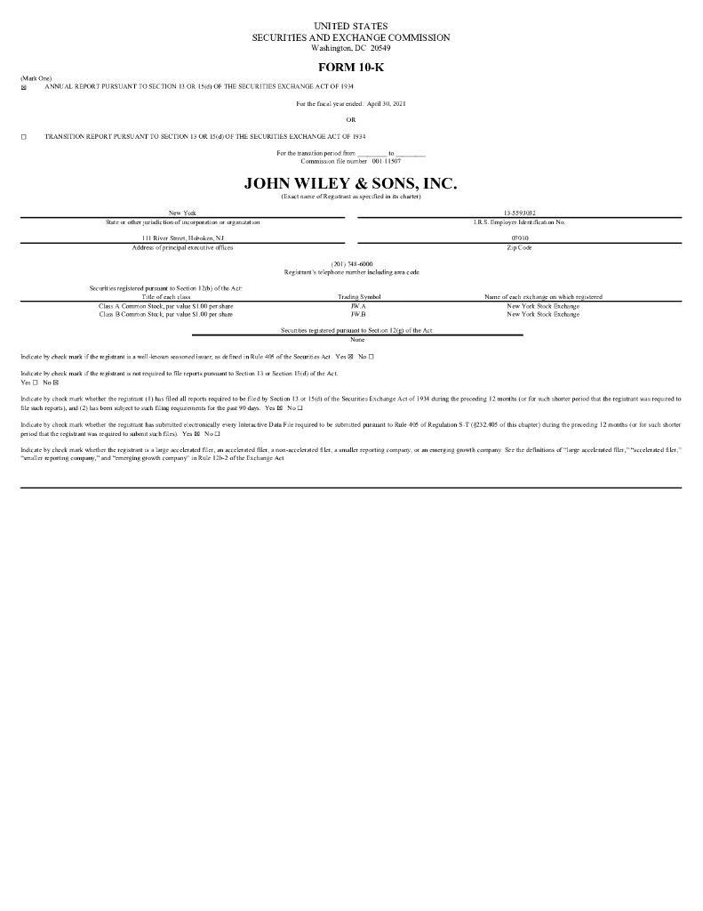 John Wiley&Sons Inc.（JW-A）2021财年年度报告（英文版）