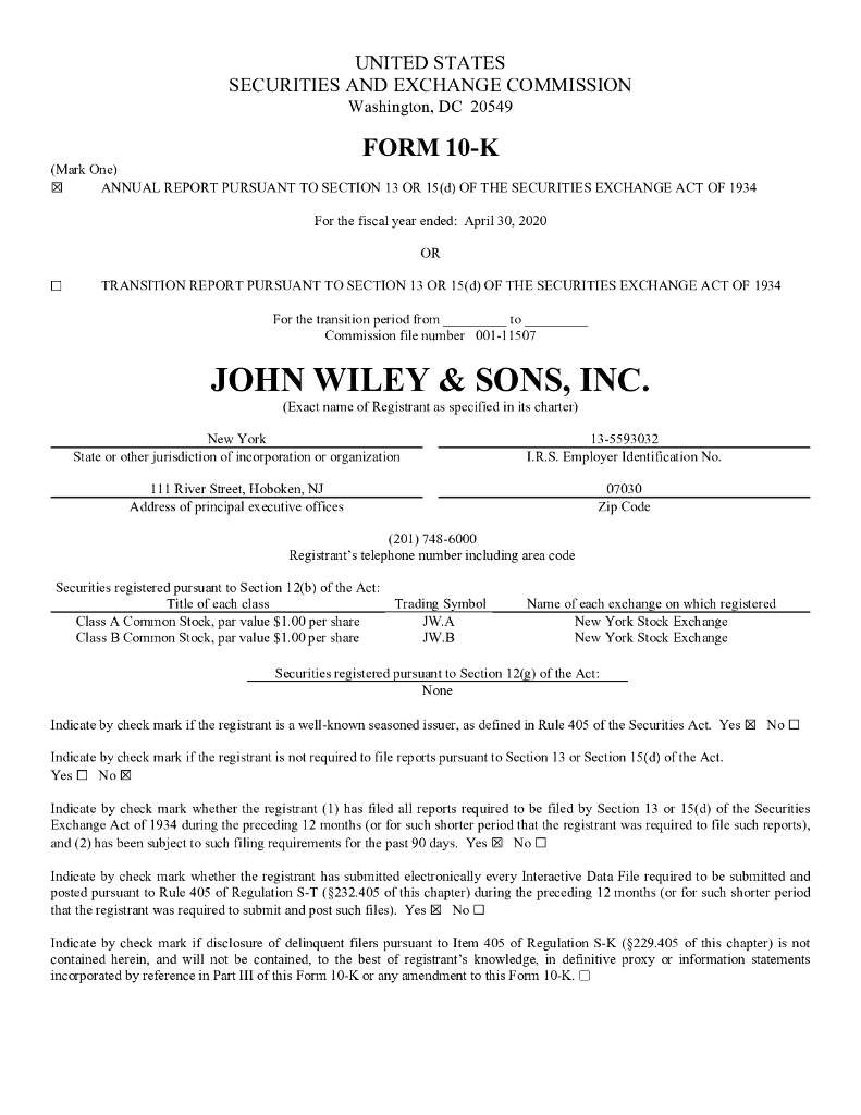 John Wiley&Sons Inc.（JW-A）2020财年年度报告（英文版）