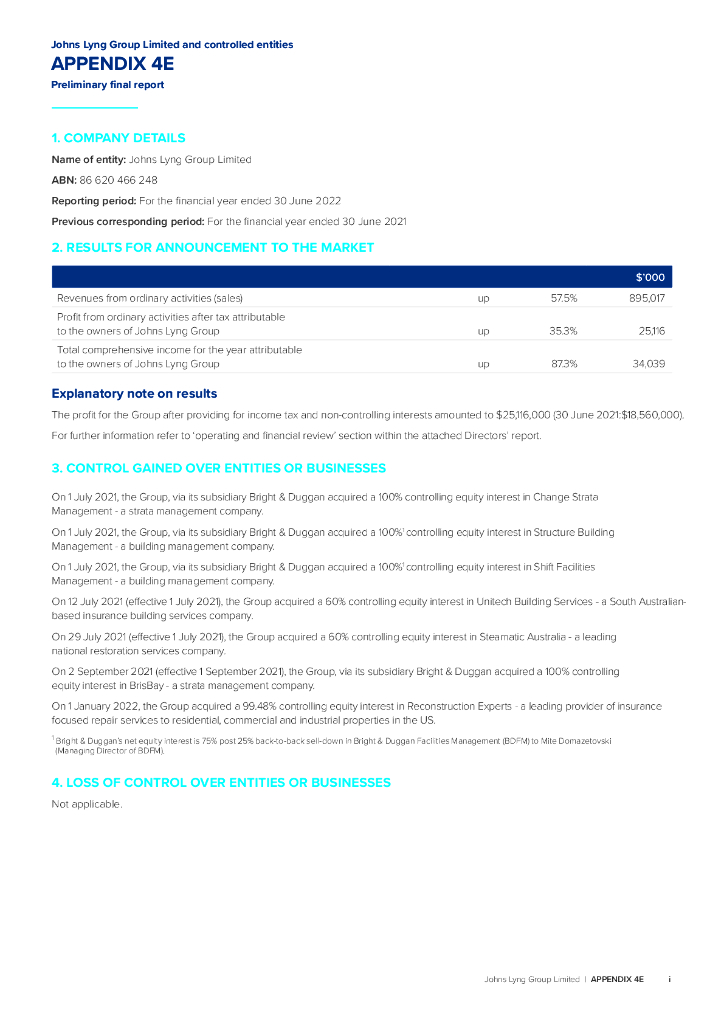 Johns Lyng Group（JLG）2022财年年度报告（英文版）
