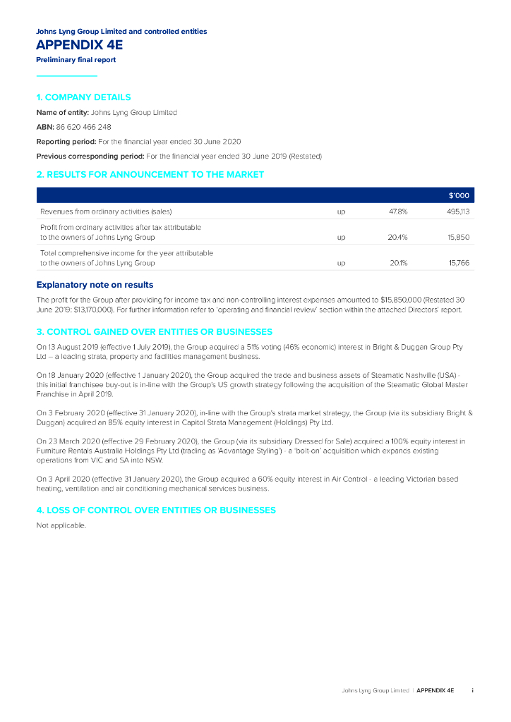 Johns Lyng Group（JLG）2020财年年度报告（英文版）