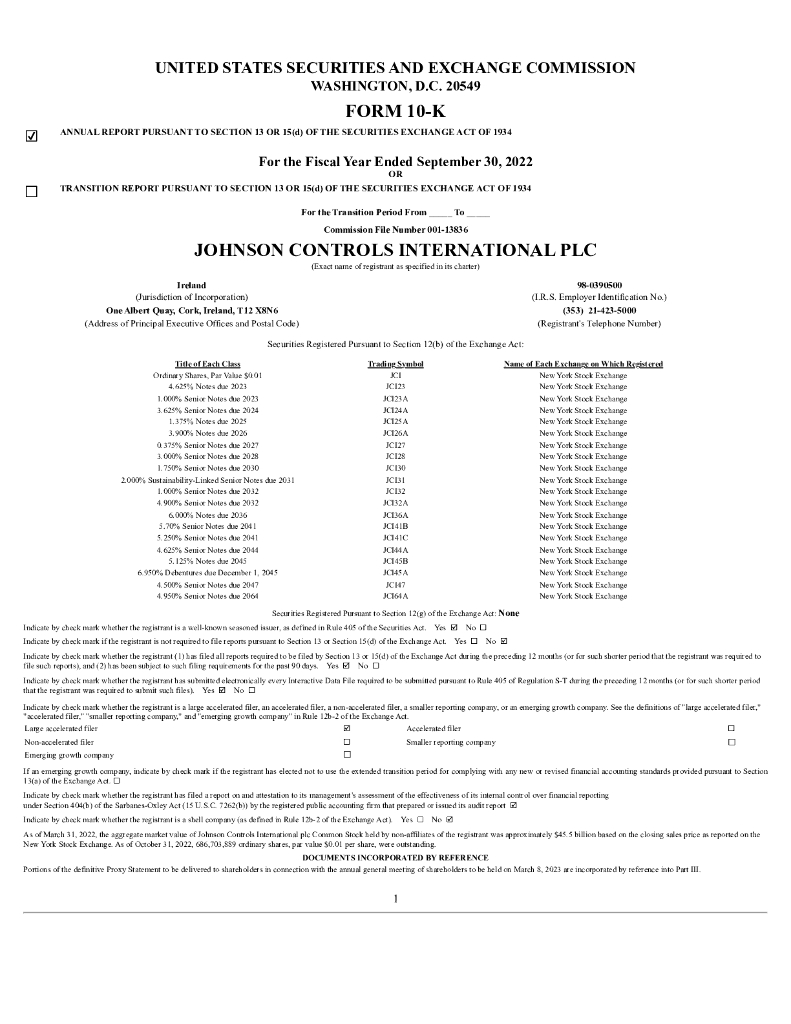 Johnson Controls International plc（JCI）2022财年年度报告（英文版）