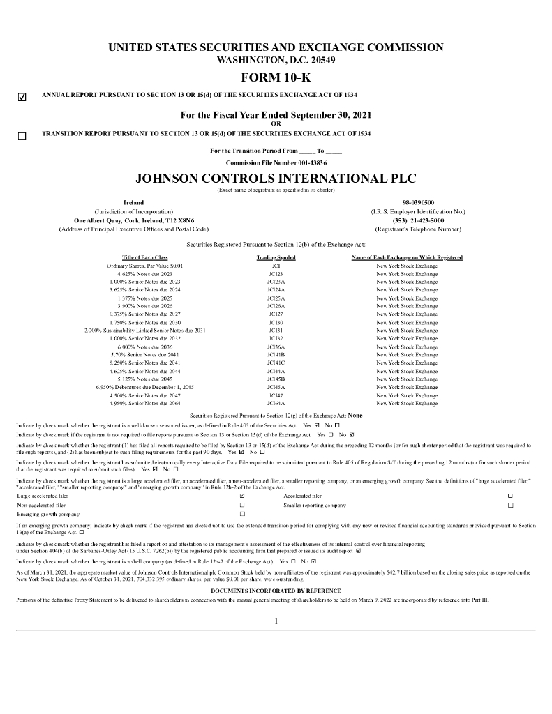 Johnson Controls International plc（JCI）2021财年年度报告（英文版）