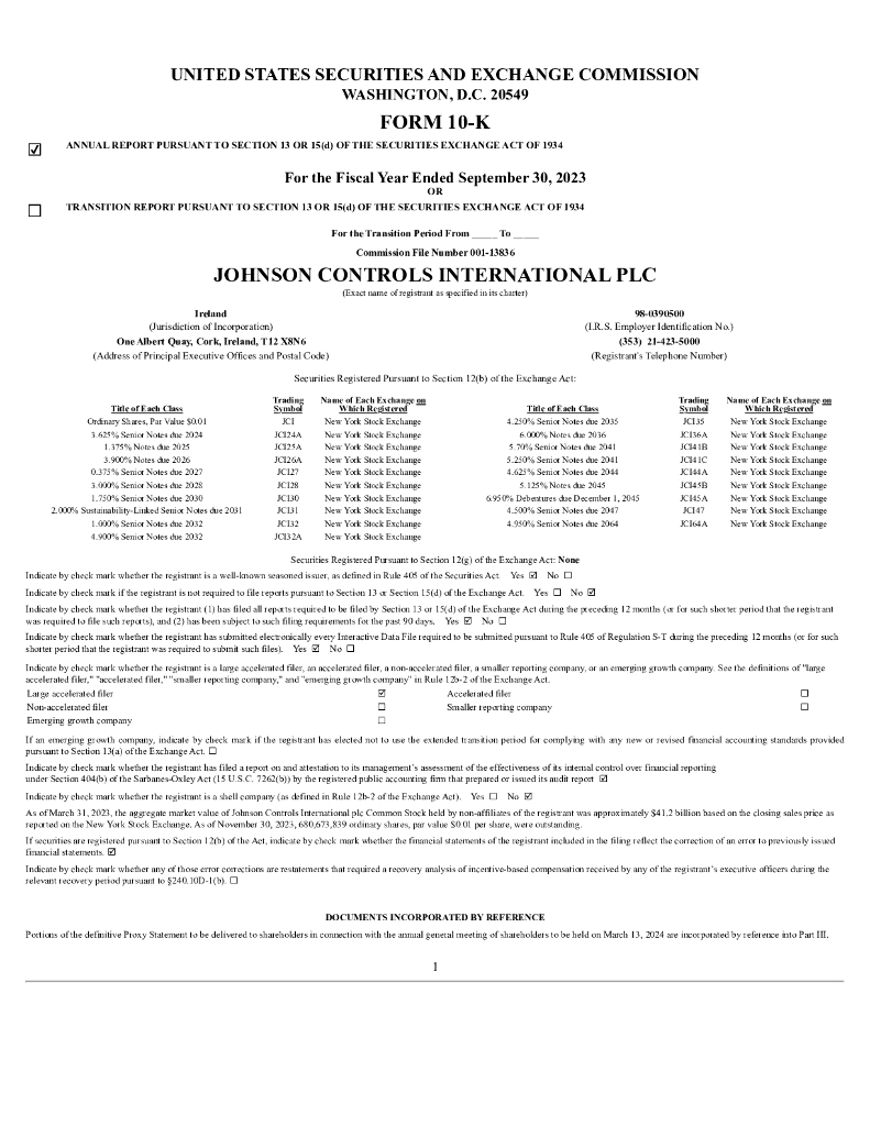 Johnson Controls International plc（JCI）2023财年年度报告（英文版）