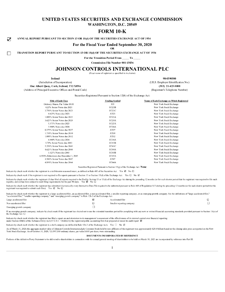 Johnson Controls International plc（JCI）2020财年年度报告（英文版）