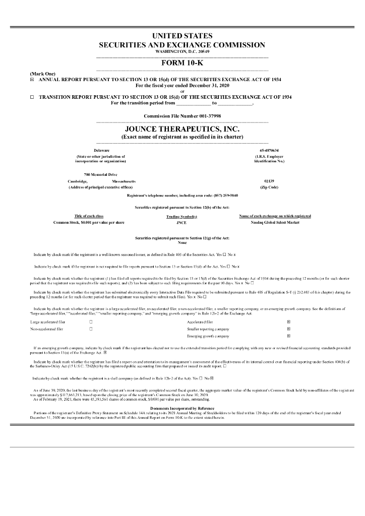 Jounce Therapeutics,Inc.（JNCE）2020财年年度报告（英文版）