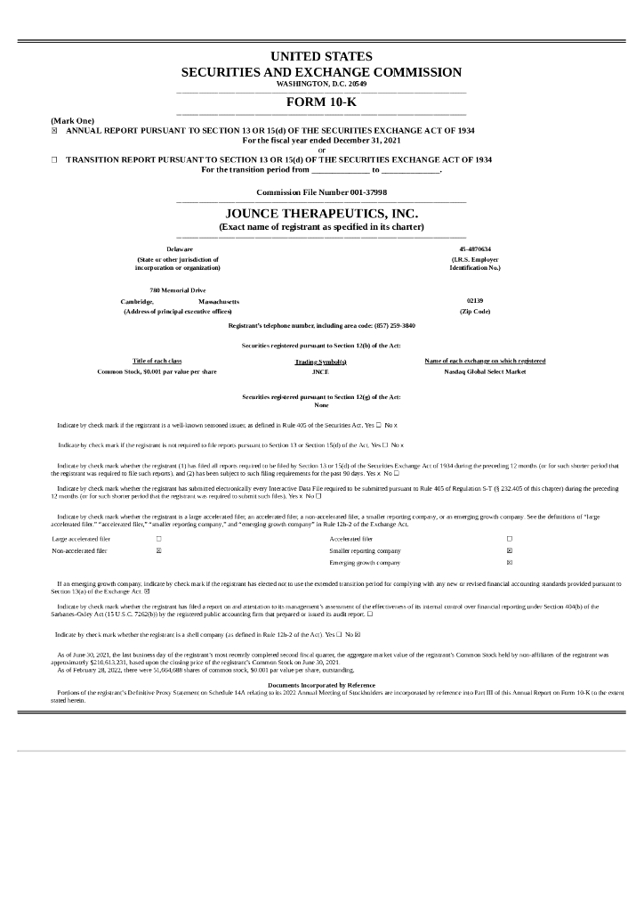 Jounce Therapeutics,Inc.（JNCE）2021财年年度报告（英文版）