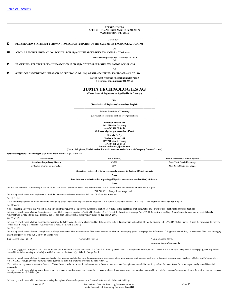 Jumia Technologies AG（JMIA）2022财年年度报告（英文版）