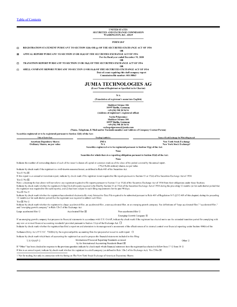 Jumia Technologies AG（JMIA）2020财年年度报告（英文版）