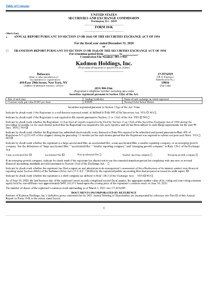 Kadmon Holdings,Inc.（KDMN）2020财年年度报告（英文版）