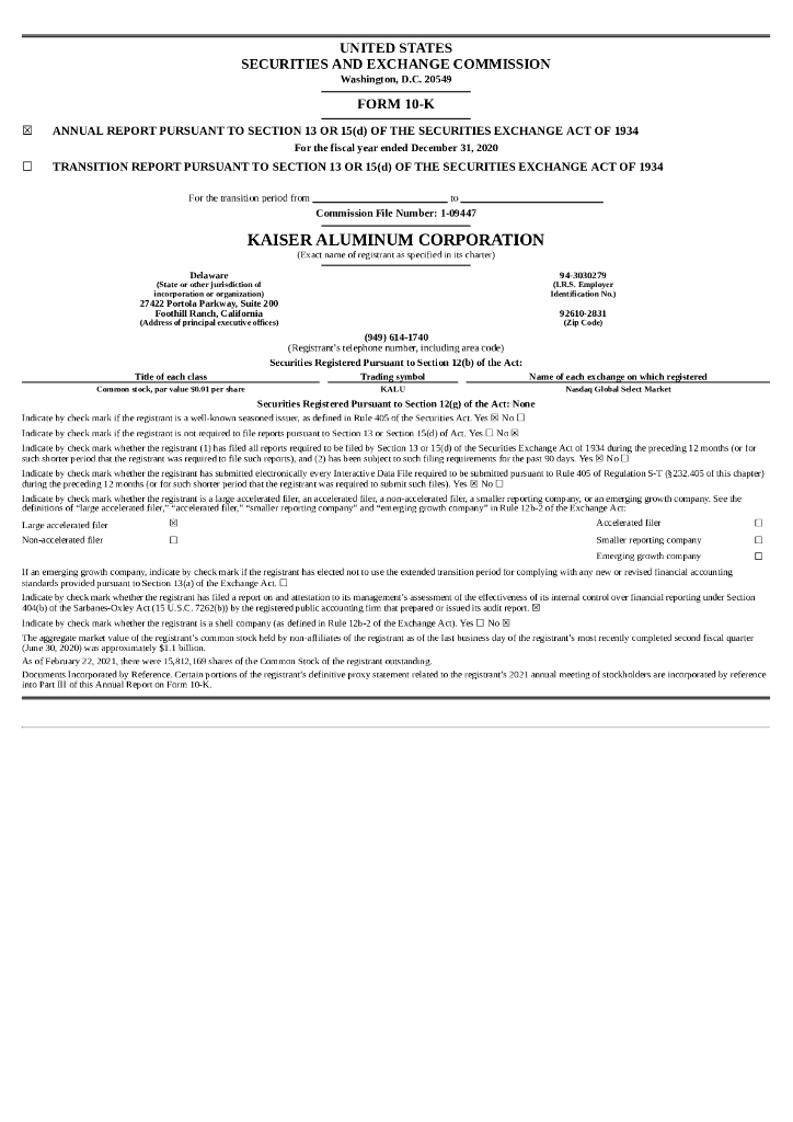 Kaiser Aluminum Corporation（KALU）2020财年年度报告（英文版）