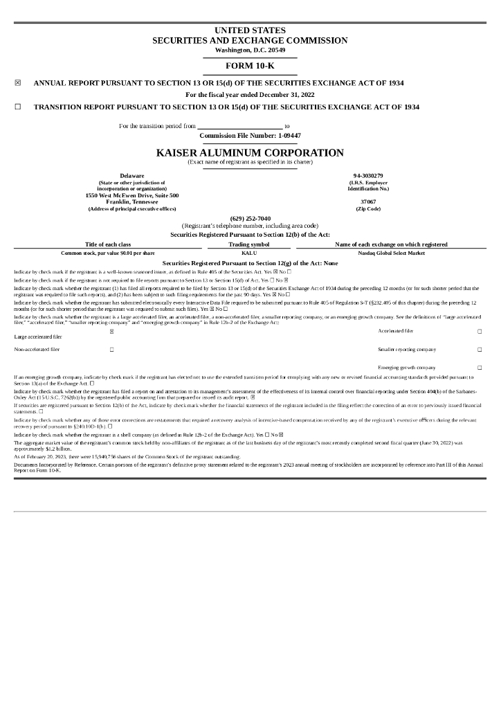Kaiser Aluminum Corporation（KALU）2022财年年度报告（英文版）