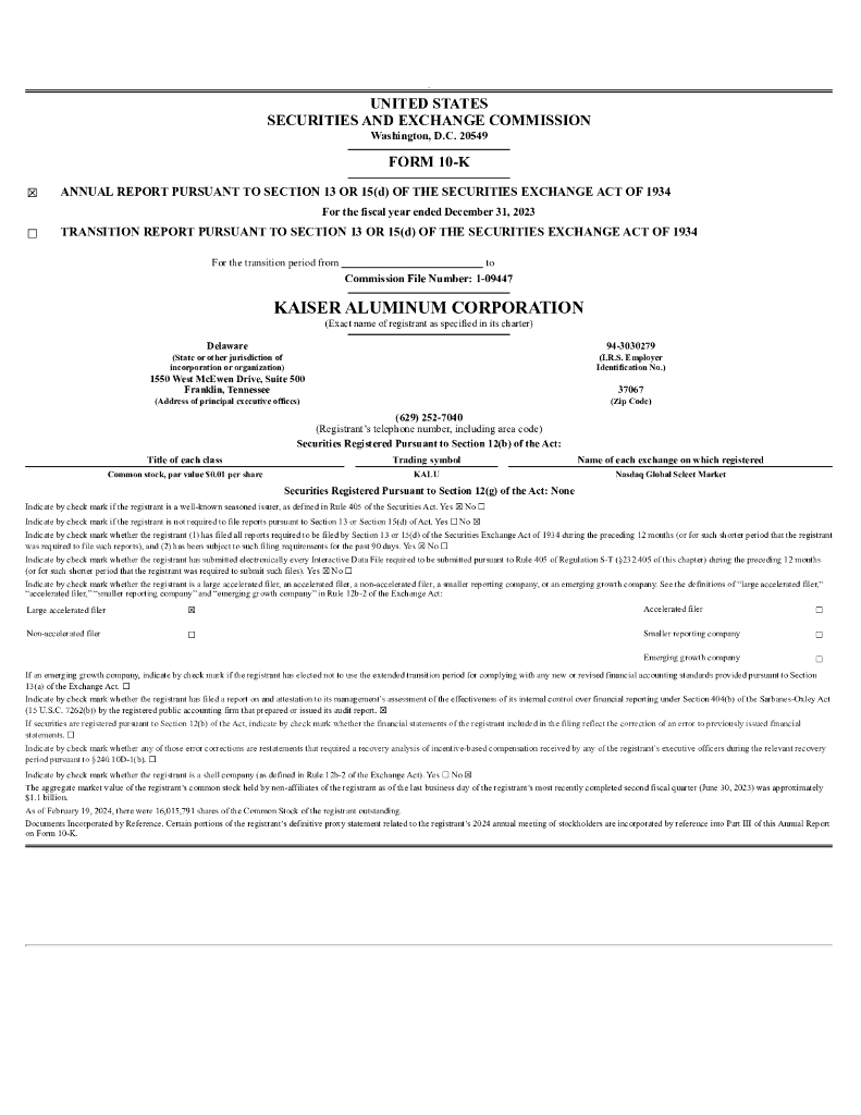 Kaiser Aluminum Corporation（KALU）2023财年年度报告（英文版）