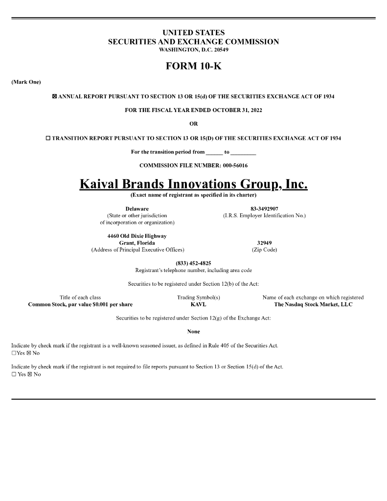 Kaival Brands Innovations Group,Inc.（KAVL）2022财年年度报告（英文版）