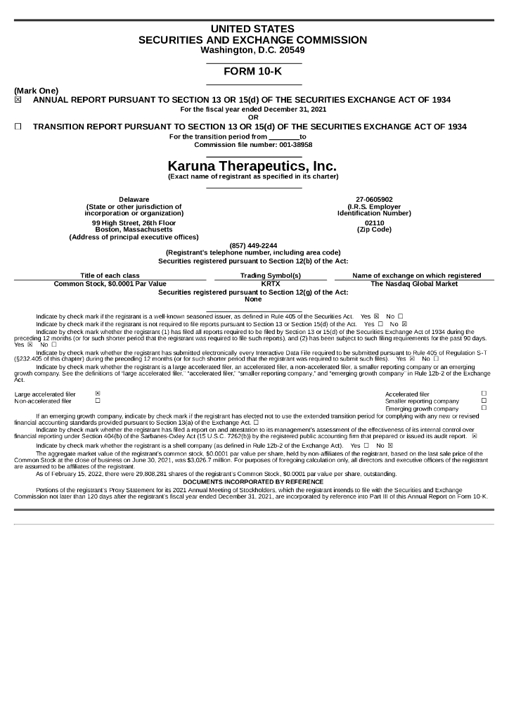 Karuna Therapeutics,Inc.（KRTX）2021财年年度报告（英文版）