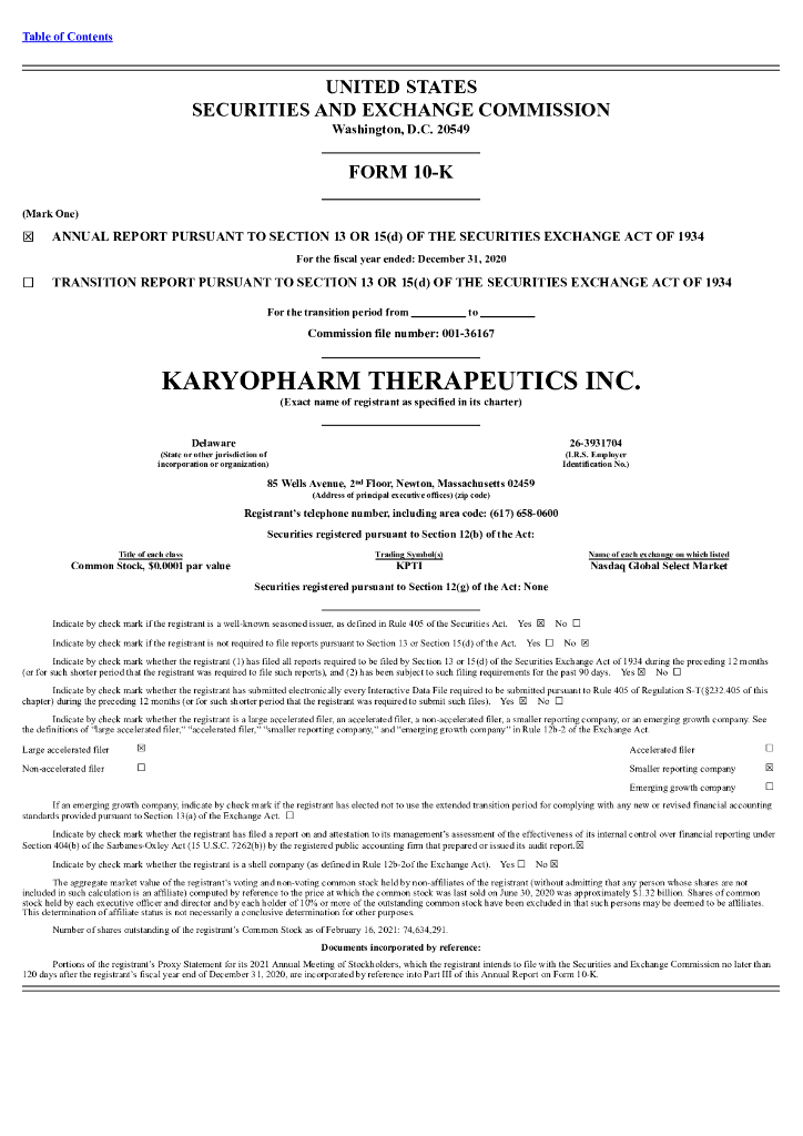 Karyopharm Therapeutics Inc（KPTI）2020财年年度报告（英文版）