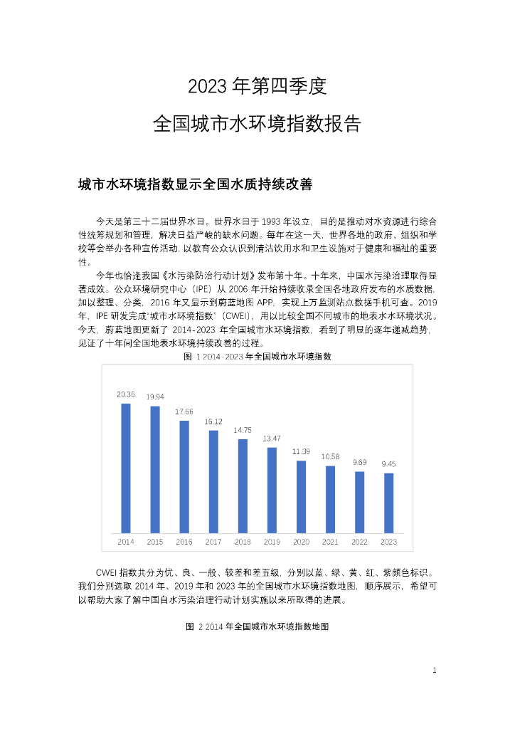 IPE公众环境研究中心：2023年第四季度全国城市水环境指数报告