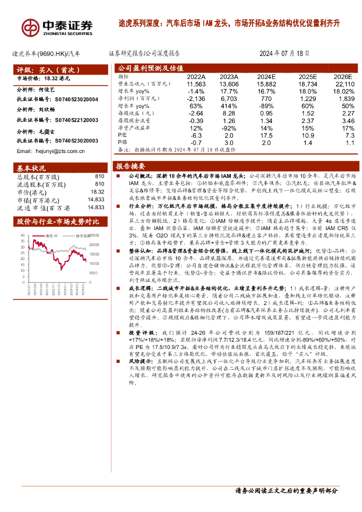 中泰证券：途虎（09690.HK）途虎系列深度：汽车后市场IAM龙头，市场开拓&业务结构优化促量利齐升