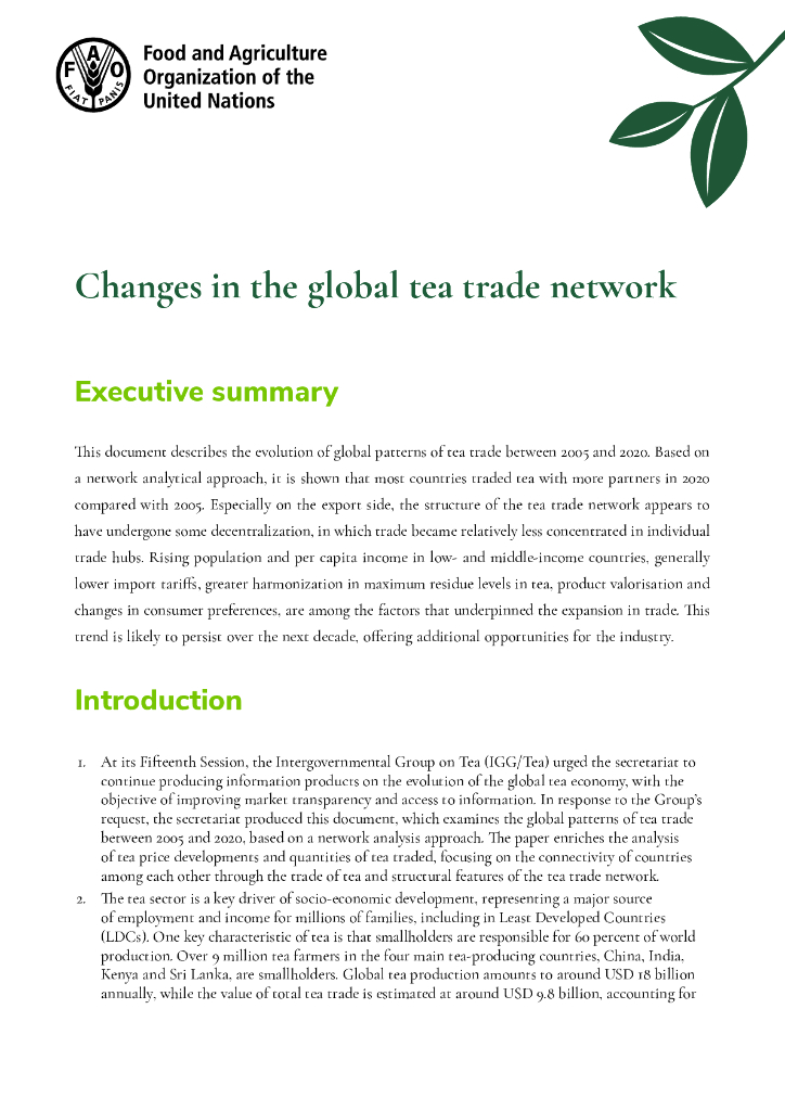 FAO联合国粮农组织：：2024年全球茶叶贸易网络的演变研究报告（英文版）