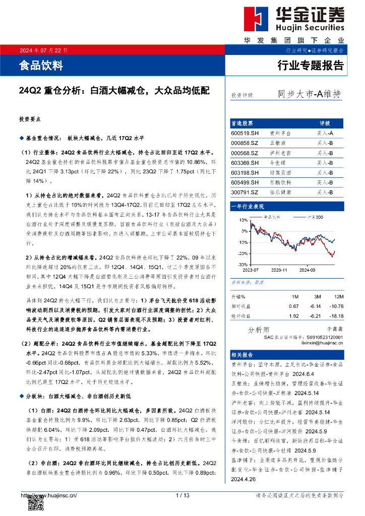 华金证券：食品饮料24Q2重仓分析：白酒大幅减仓，大众品均低配