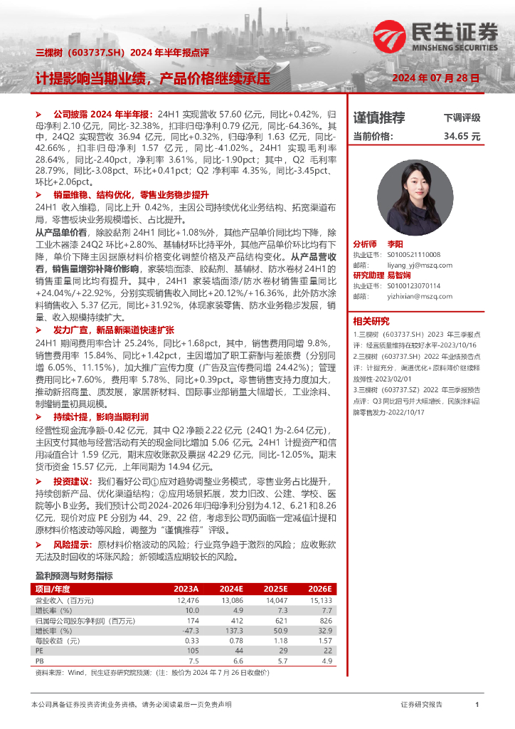 民生证券：三棵树（603737）-2024年半年报点评：计提影响当期业绩，产品价格继续承压