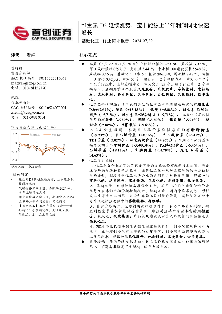 首创证券：基础化工行业简评报告：维生素D3延续涨势，宝丰能源上半年利润同比快速增长