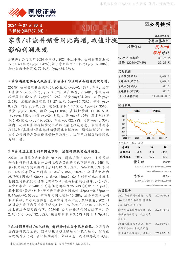 国投证券：三棵树（603737）-零售/非涂料销量同比高增，减值计提影响利润表现