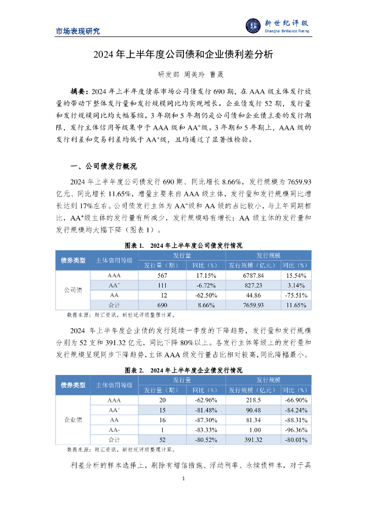 新世纪评级：2024年上半年度公司债和企业债利差分析报告