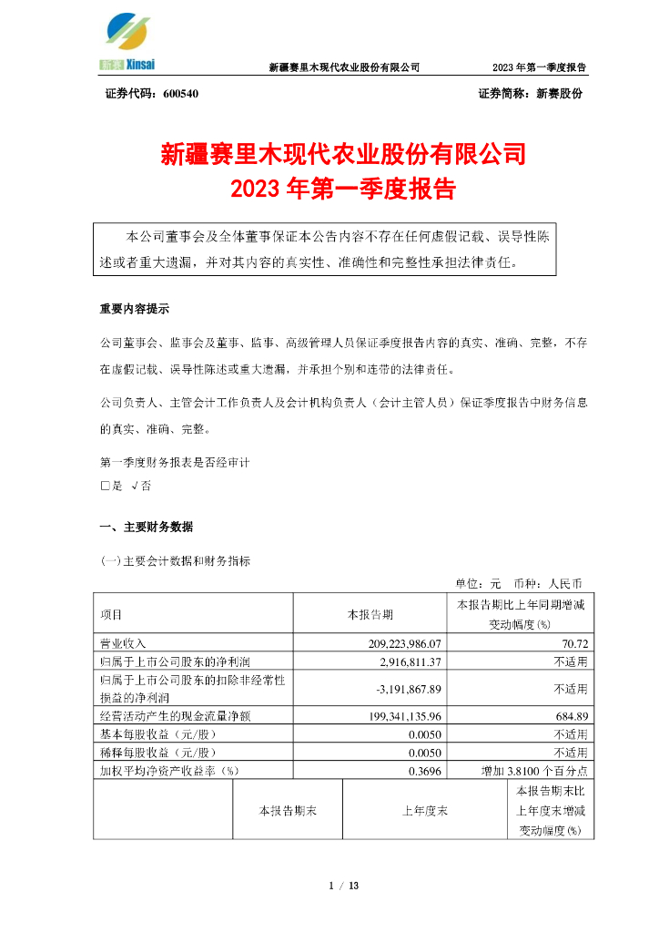 600540-新赛股份：新疆赛里木现代农业股份有限公司2023年第一季度报告(修订后)