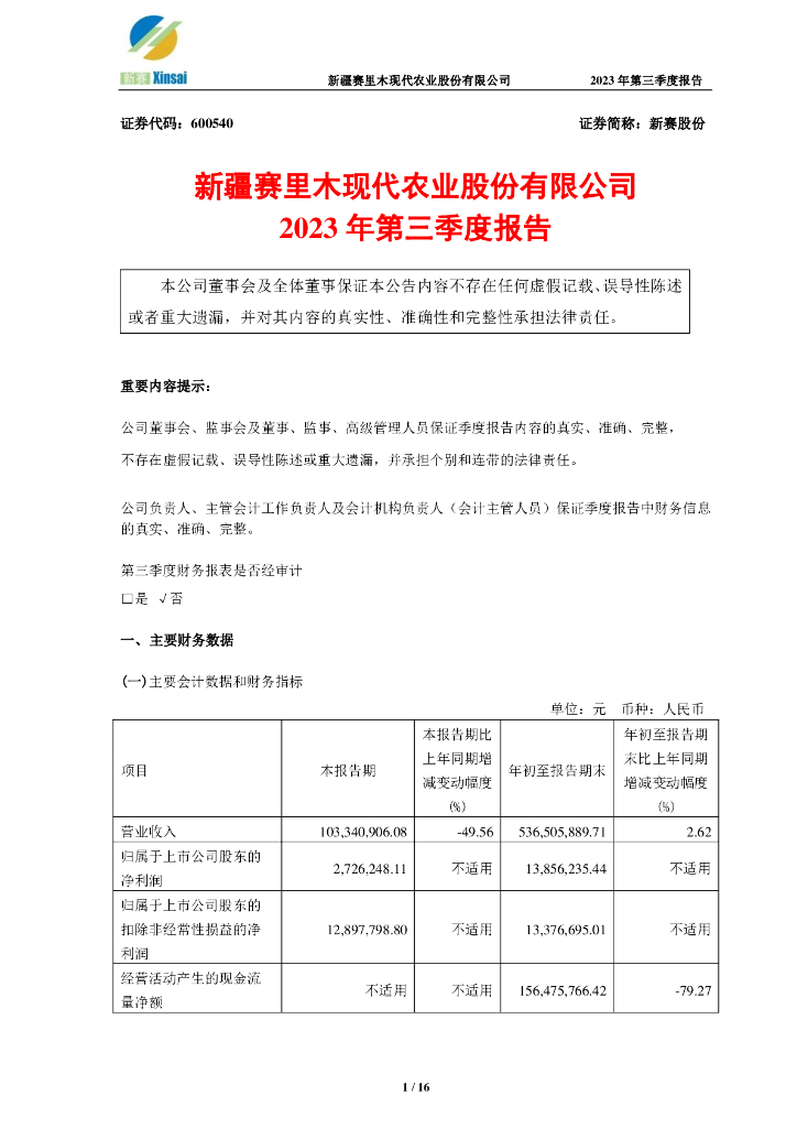 600540-新赛股份：新疆赛里木现代农业股份有限公司2023年第三季度报告(修订后)