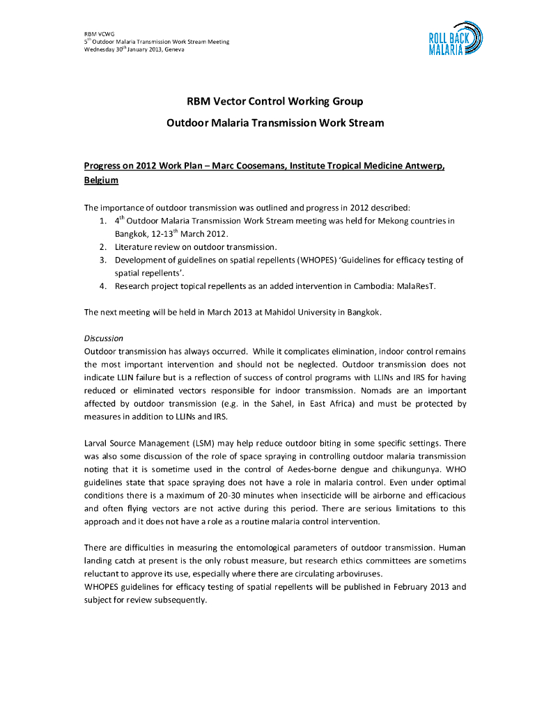 RBM：2013病媒控制工作组室外疟疾传播工作流程报告（英文版）