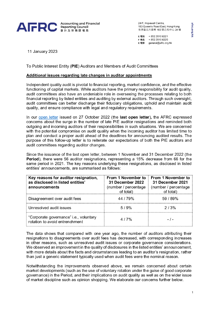 AFRC会计及财务汇报局：2023有关核数师变动的后续公开信(（英文版）