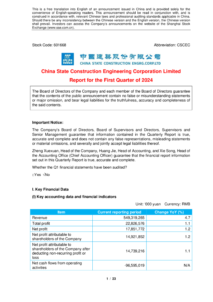 中国建筑集团有限公司：2024年第一季度报告（英文版）