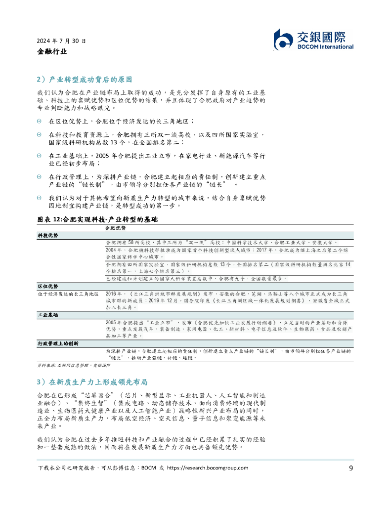 交银国际证券：金融行业：以合肥为样本，金融业如何服务新质生产力？_第9页