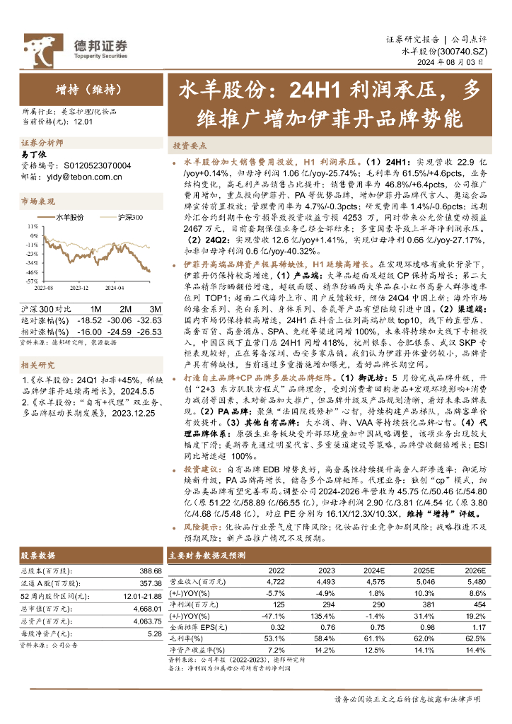 德邦证券：水羊股份：24H1利润承压，多维推广增加伊菲丹品牌势能