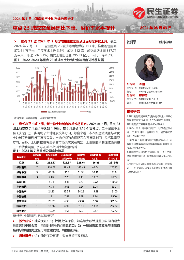 民生证券：2024年7月中国房地产土地市场数据点评：重点23城成交金额环比下降，溢价率水平提升