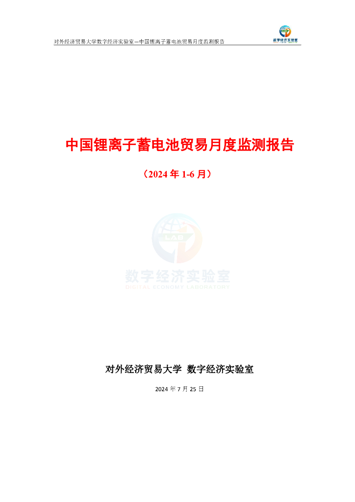 对外经济贸易大学：中国锂离子蓄电池贸易月度监测报告（2024年1-6月）