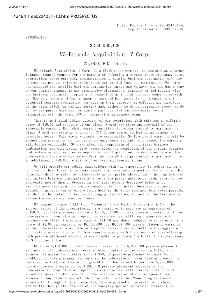 M3-Brigade Acquisition V Corp美股纳斯达克IPO上市招股说明书
