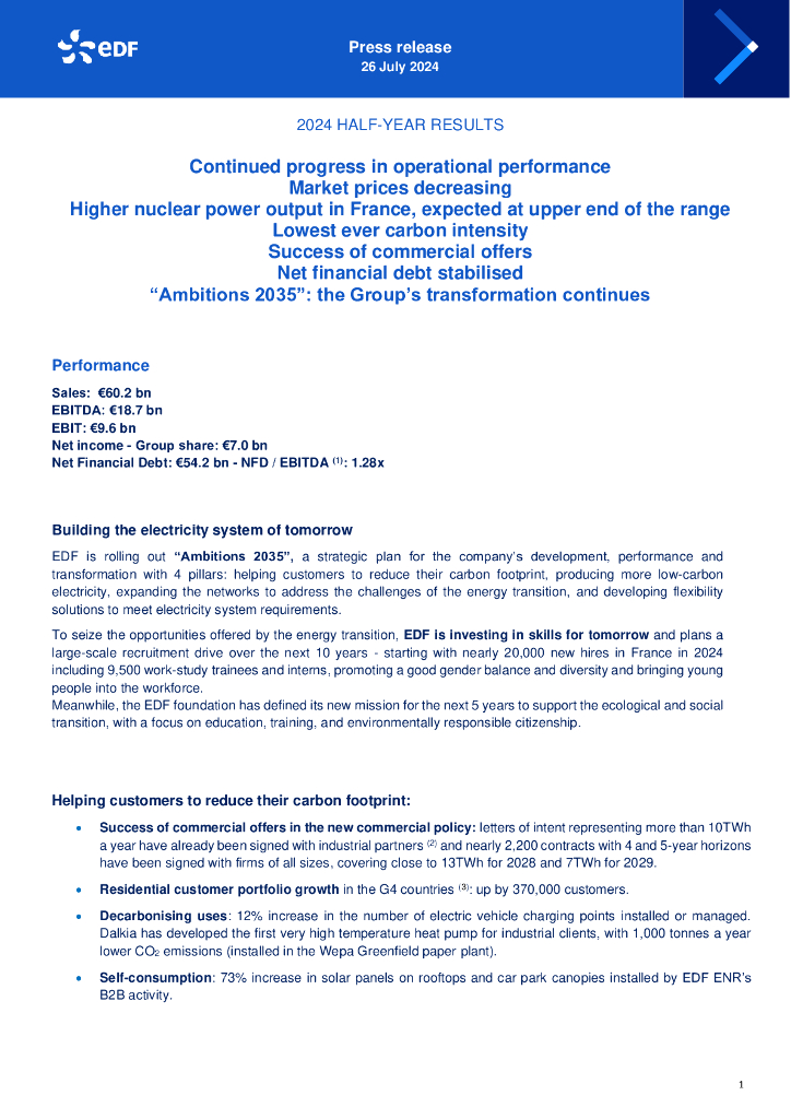 法国电力公司（Electricite De France）2024年半年度业绩报告（英文版）