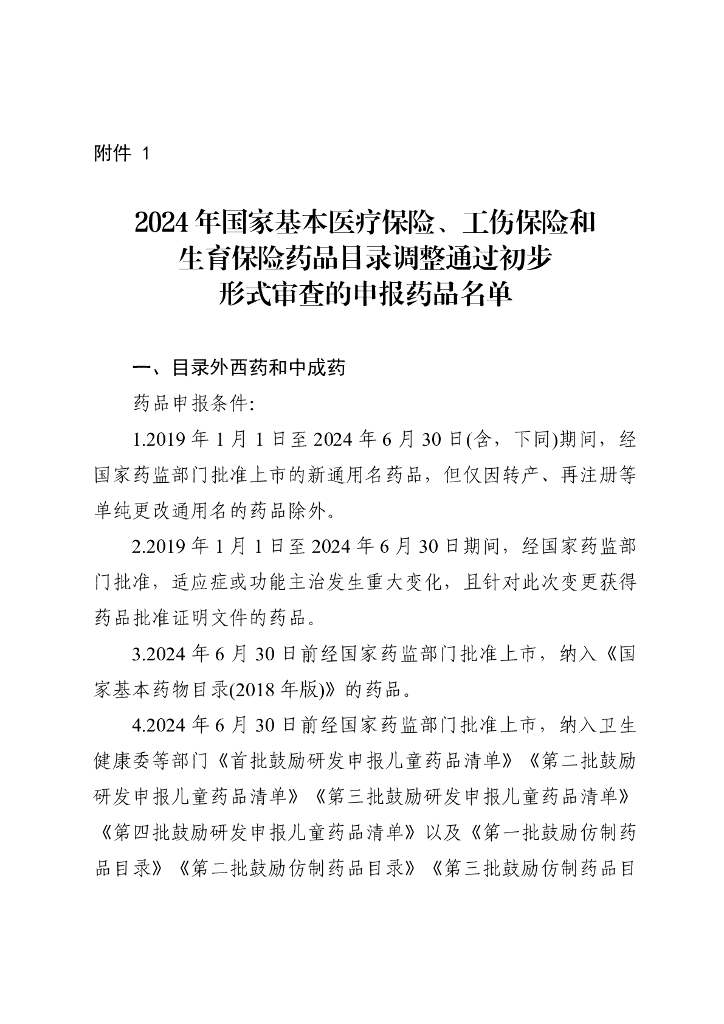 2024年国家医保药品目录调整通过初步形式审查的申请药品名单