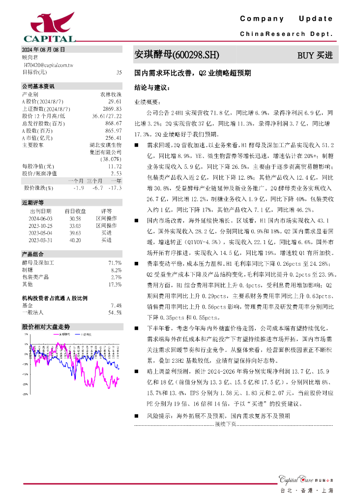 群益证券：安琪酵母（600298）-国内需求环比改善，Q2业绩略超预期