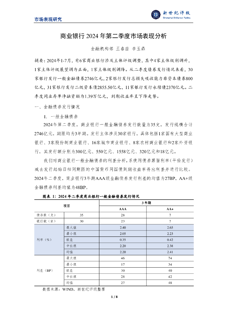 新世纪评级：商业银行2024年第二季度市场表现分析报告