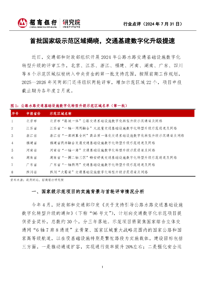 招商银行：交通基础设行业点评：首批国家级示范区域揭晓，交通基建数字化升级提速