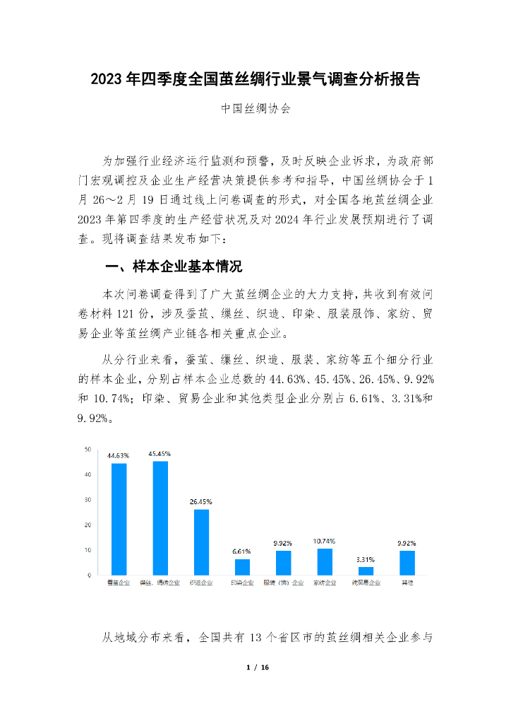 中国丝绸协会：2023年四季度全国茧丝绸行业景气调查分析报告