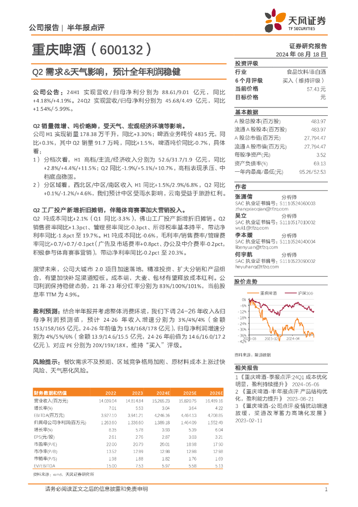 天风证券：重庆啤酒（600132）-Q2需求&天气影响，预计全年利润稳健