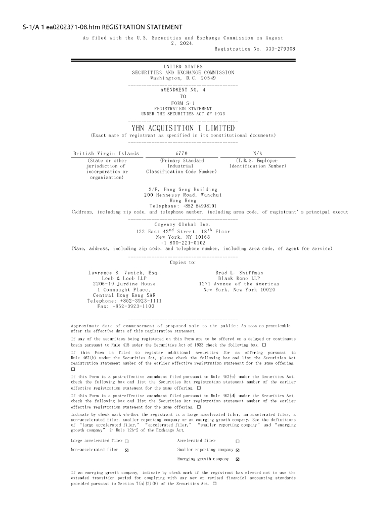 YHN Acquisition I Limited美股纳斯达克IPO上市招股说明书