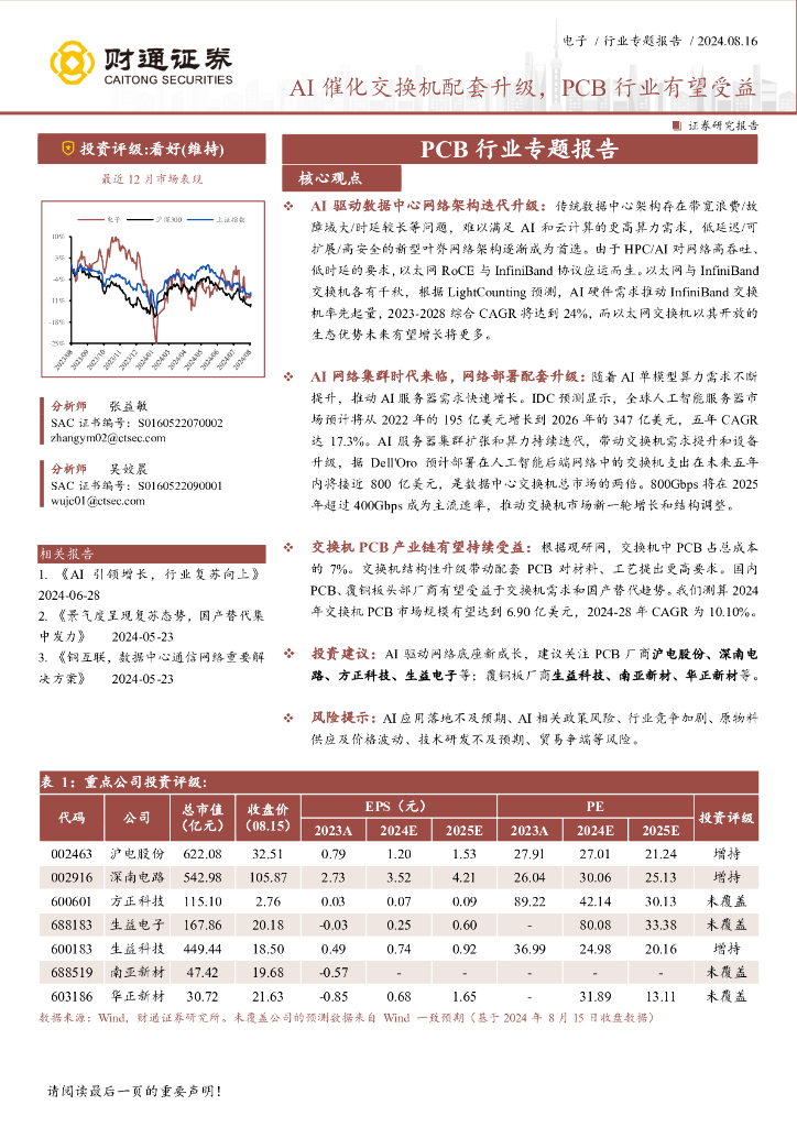 财通证券：PCB行业专题报告：AI催化交换机配套升级，PCB行业有望受益