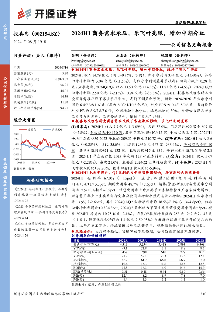 开源证券：报喜鸟（002154）-公司信息更新报告：2024H1商务需求承压，乐飞叶亮眼，增加中期分红