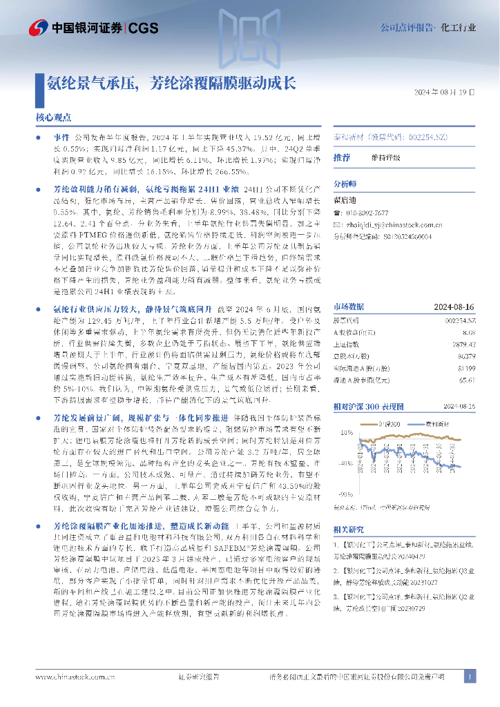 中国银河：泰和新材（002254）-氨纶景气承压，芳纶涂覆隔膜驱动成长