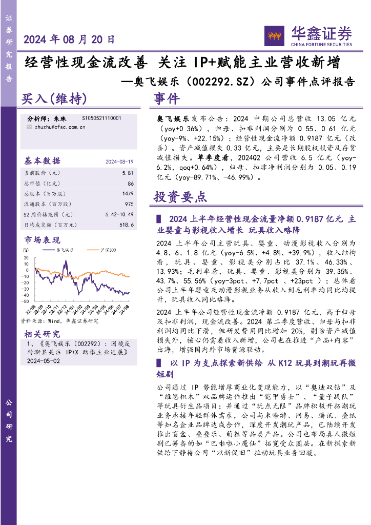 华鑫证券：奥飞娱乐（002292）-公司事件点评报告：经营性现金流改善关注IP+赋能主业营收新增
